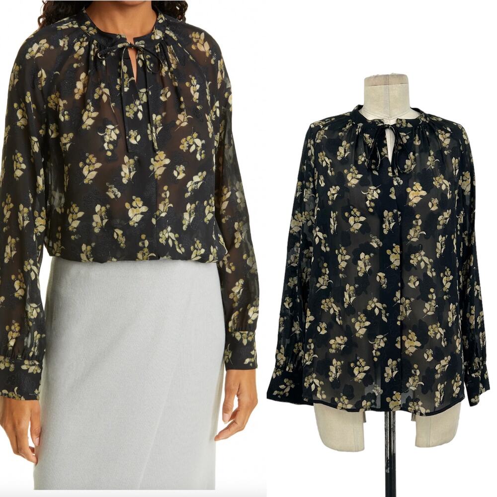 Vince‎ Dandelion Poet Blouse Gathered Floral-Print Silk-Crepon Black Size Small